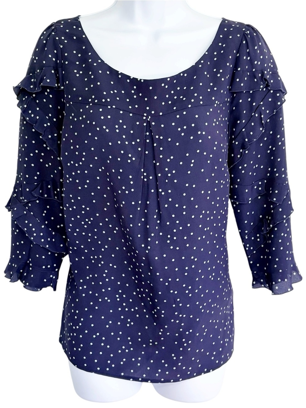 MAEVE Anthropologie 100% Silk Polka Dot Ruffle Sleeve Blouse Navy 6 Workwear